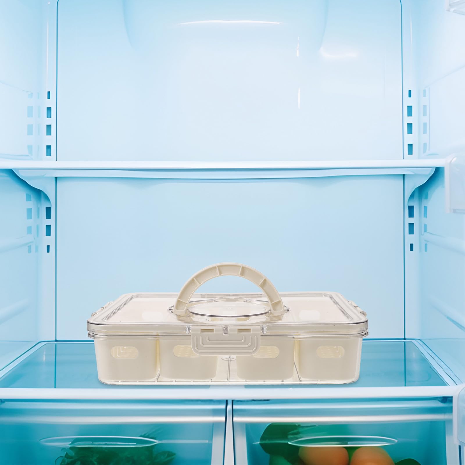 OSALADI Caja de Almacenamiento para Nevera Pet de Grado Alimenticio, Organizador de Congelador Transparente 4 Compartimentos, Diseño Drenaje y Asa Portátil para Conservar Alimentos