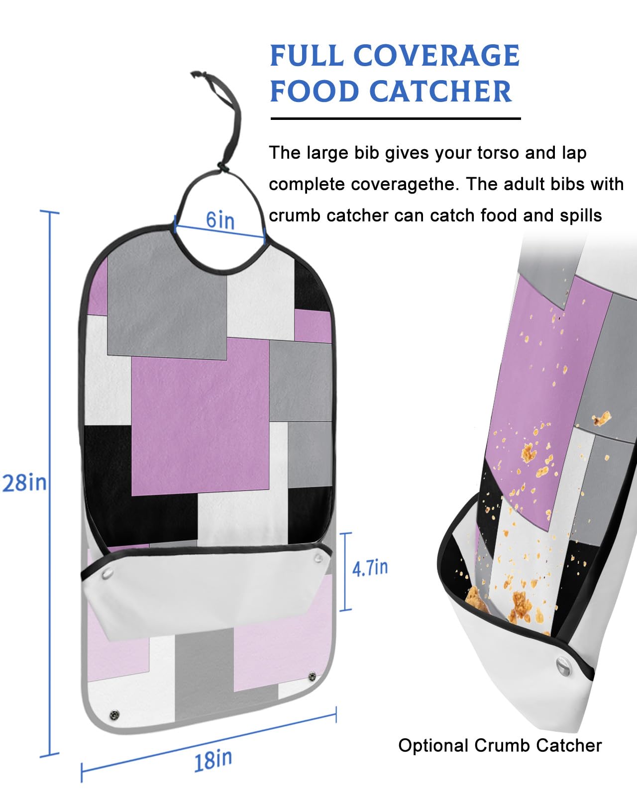 LEOKOTI Pink Grey Black Geometric Adult Bibs for Eating, Waterproof Bibs with Food Catcher & Adjustable Snap Closure, Middle Century Art Abstract Aesthetics Clothing Protectors Adult Bibs for Elderly