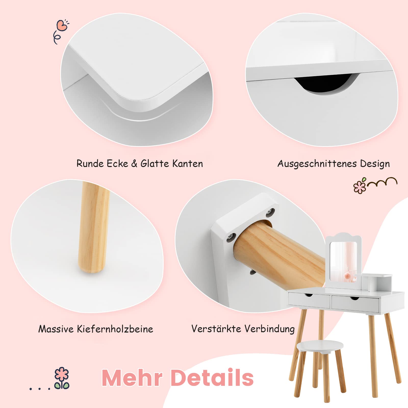 COSTWAY Set da toeletta per bambini, 2 in 1, tavolo da toeletta e sgabello con specchio rimovibile, 2 cassetti, pettine, in legno, per ragazze dai 3 ai 7 anni