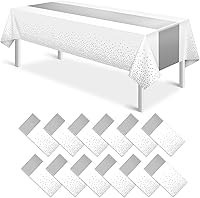 Vista 50 de 3 manteles blancos y plateados para decoración de fiesta, mantel de plástico blanco impreso, mantel rectangular desechable para cumpleaños, boda