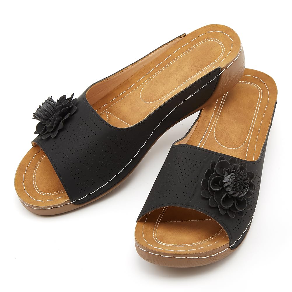 Rungion Womens Summer Beach Sandals Wedge Low Open Toe Slides Ladies Dressy Sandals Slipper Platform Comfortable Flower Sandals