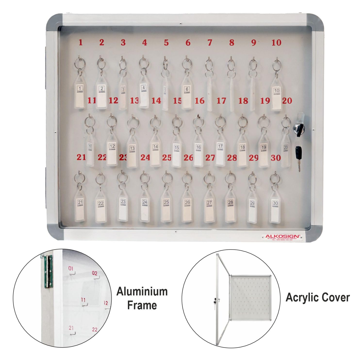 ALKOSIGN Key Cabinet for 30 Key-Chains with Laminated Back and Steel Fitted Hooks | Lockable Key Storage Box with Acrylic Cover for Industrial Use, Offices, Hotels