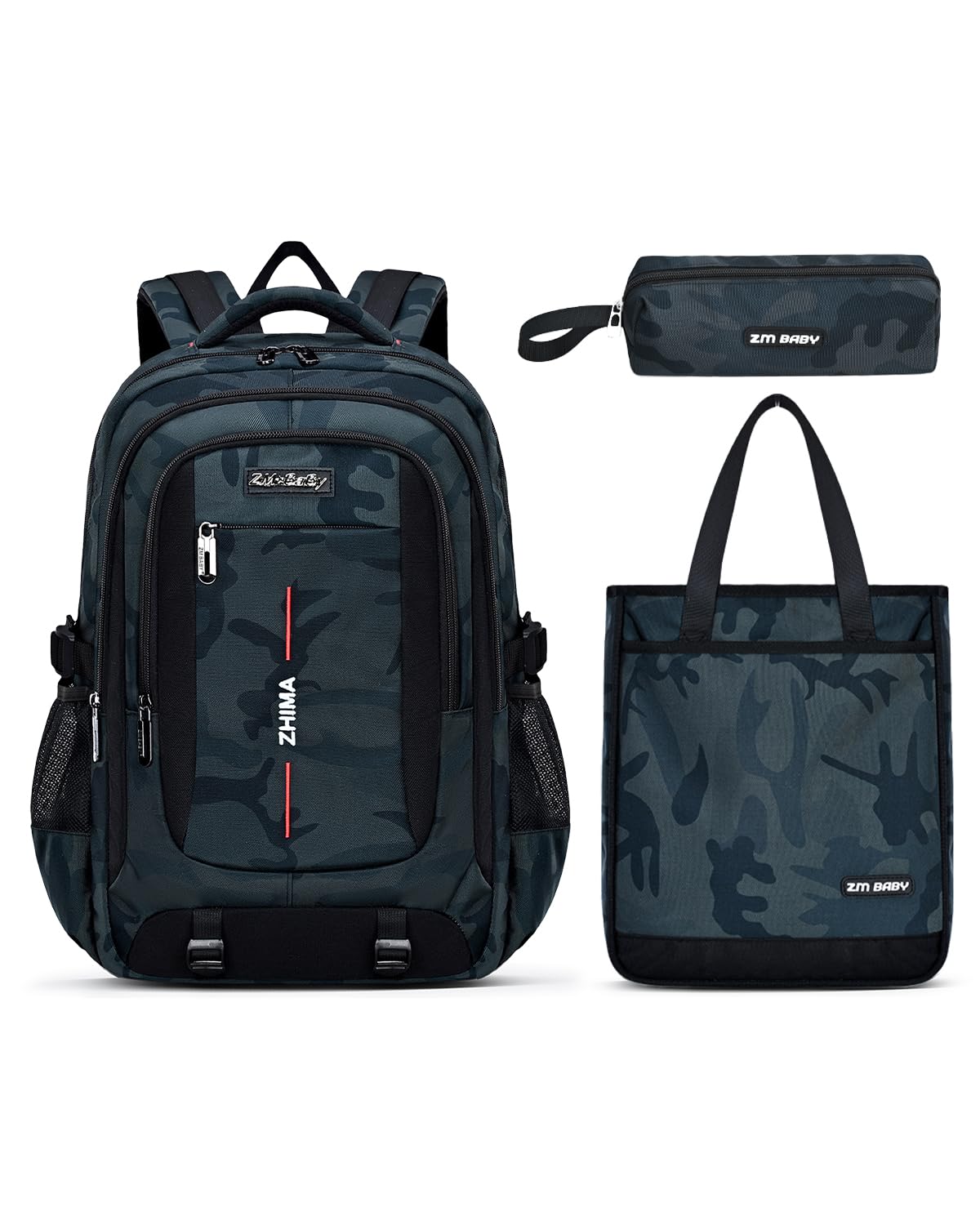 Amythe Schulrucksack Jungen Teenager 3-teilig Camouflage Grün | Set: Rucksack + Umhängetasche + Stifttasche. Wasserabweisender Schulranzen für Jungen der 3. - 7. Klasse, Große Kapazität