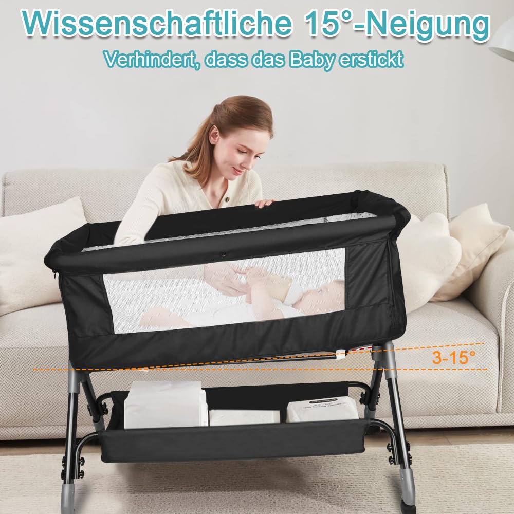 OHMG Bassinet Śpiwór 3 w 1, składane łóżeczko dziecięce, rocking bassinet z materacem i prześcieradłami, regulowana wysokość, zdejmowana oddychająca osłona, łatwe do złożenia (czarny (104 x 52 x 103