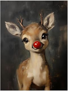 Rustic Rudolph Red Nosed Reindeer Wall Art,Cute Baby Reindeer Print,Whimsical Deer Painting,Moody Rudolph Painting,Vintage Christmas Decor