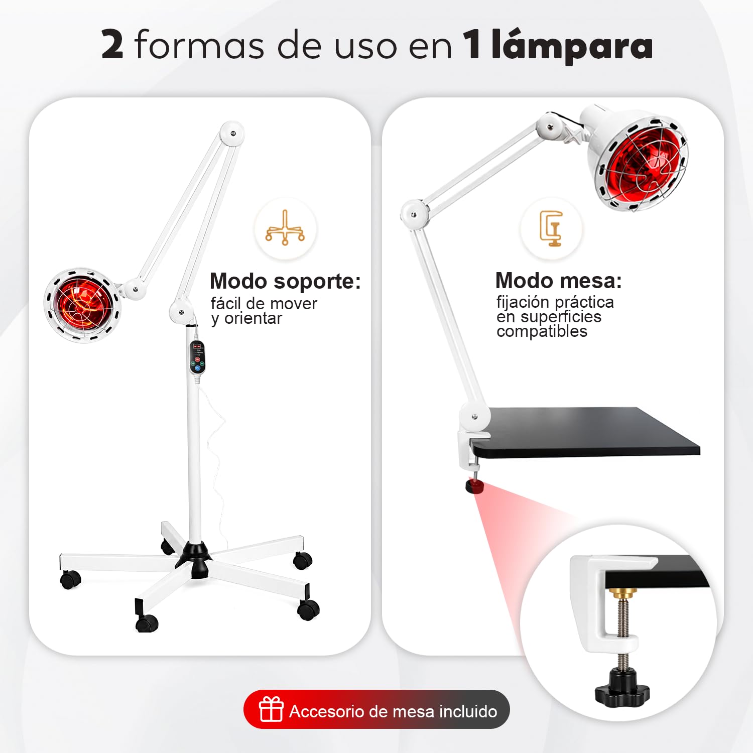 Boston Tech Lámpara Infrarroja WE108 275 W, Lámpara de Calor para Termoterapia y Fisioterapia, Base de 5 Patas con Ruedas, Mando, Temporizador, 3 Niveles y Accesorio de Mesa.