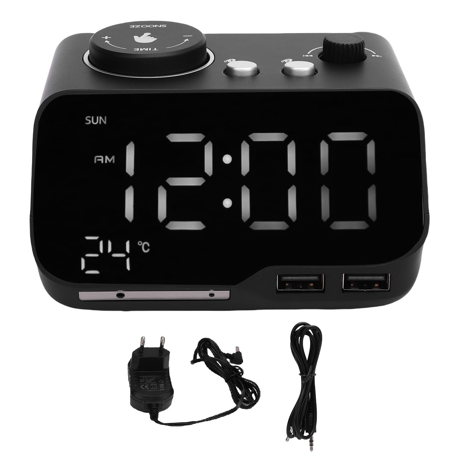 Reloj Despertador Digital con Altavoz Bluetooth 5.0, Radio FM, Alarmas Duales, Pantalla LED para Temperatura y Día Laborable, Brillo Ajustable, para Dormitorio Oficina (Enchufe de la UE)