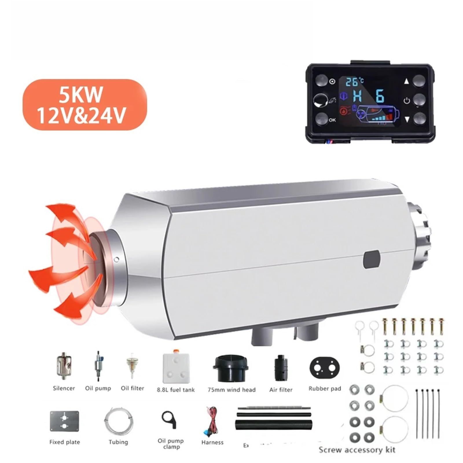 nagrzewnica powietrza Ogrzewacz samochodowy Diesel 12V 24V, obudowa aluminiowa, 5 kW, ogrzewanie postojowe, przełącznik LCD do samochodu, jachtu, łodzi(12V)