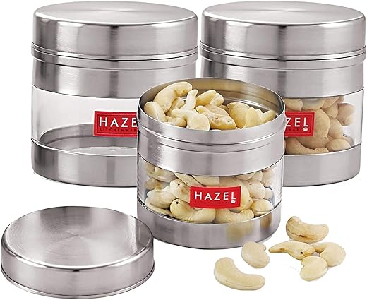 HAZEL Stainless Steel Tea Coffee Sugar Containers I Ideal for Multipurpose Item Storing I Set of 3 Transparent Jars with 950 ML Capacity each I Silver Color Box with Matt Finish