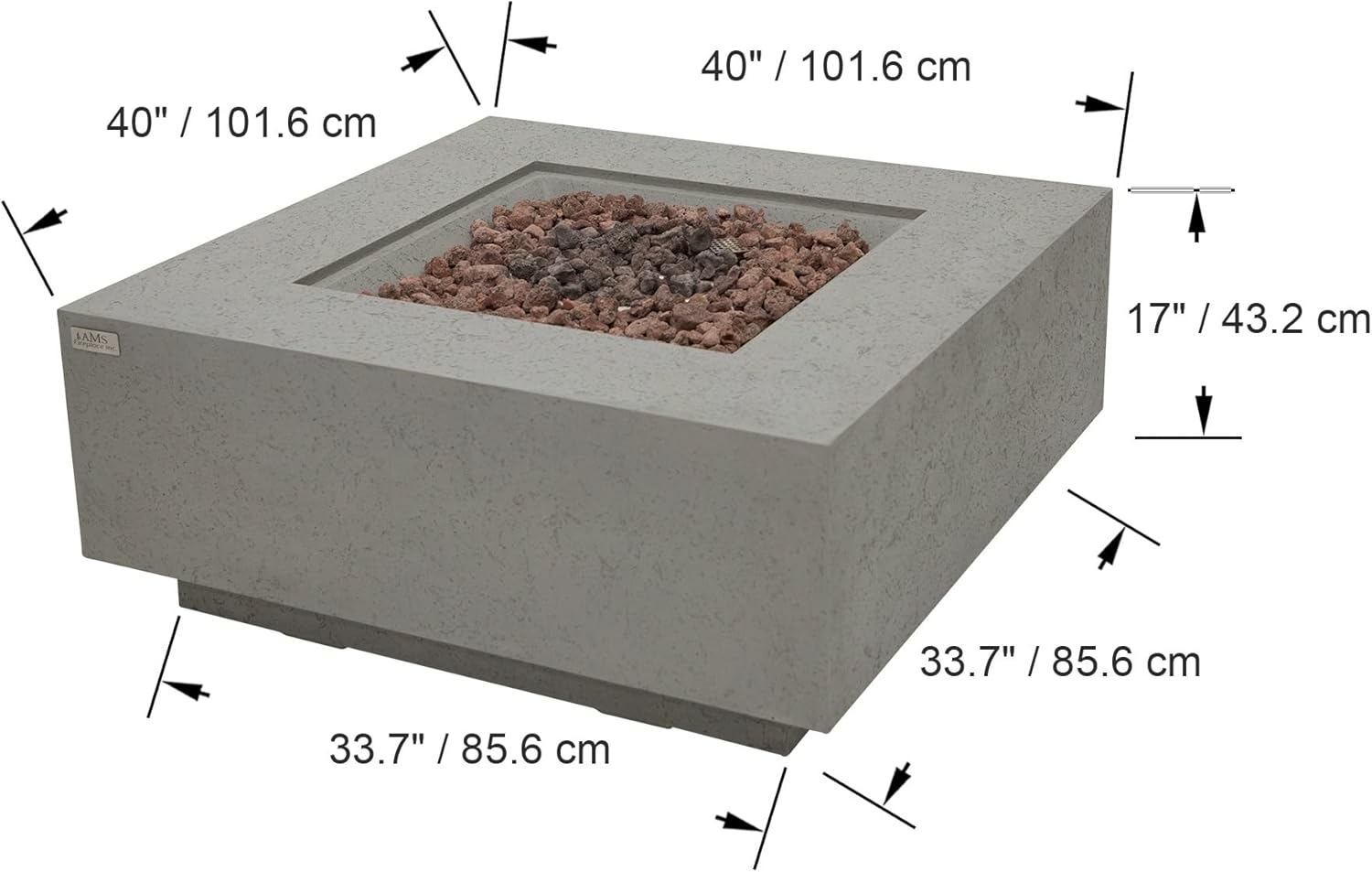 AMS Creations | Brooklyn 40" Bundle Square Natural Gas Outdoor Fire Pit Table | Light Gray Concrete GFRC | Limestone Texture Surface Fire Pit Table