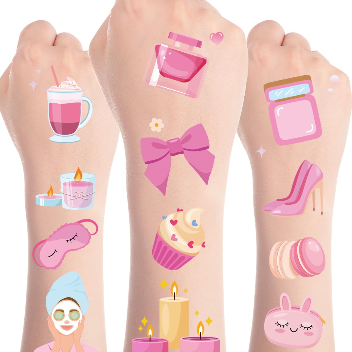 Papiailove 8 Sheets Spa Temporary Tattoos Stickers, Pink Tattoo Stickers for Adult Women, Sleepover Themed Slumber Party Favors Birthday Supplies