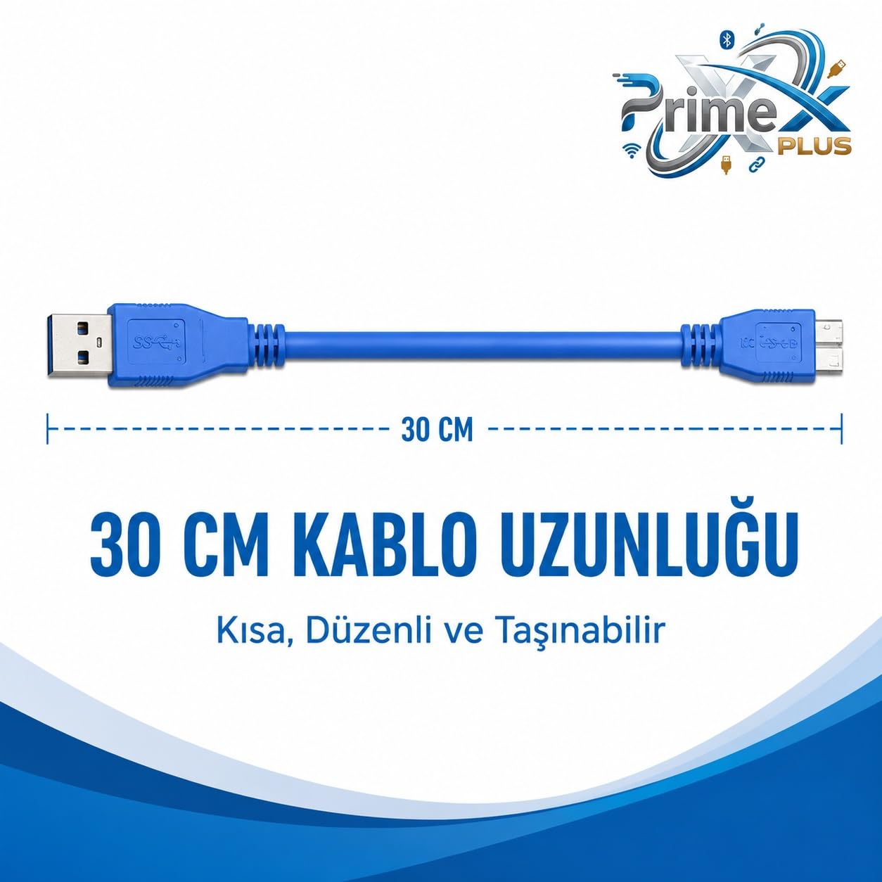PrimeX PX-4120 USB 3.0 30 cm Taşınabilir Harddisk Kablosu, USB-A to Micro-B Harici Disk Data ve Güç Kablosu, WD Seagate Toshiba Samsung Adata Intenso Uyumlu Kısa USB 3.0 HDD SSD Bağlantı Kablosu