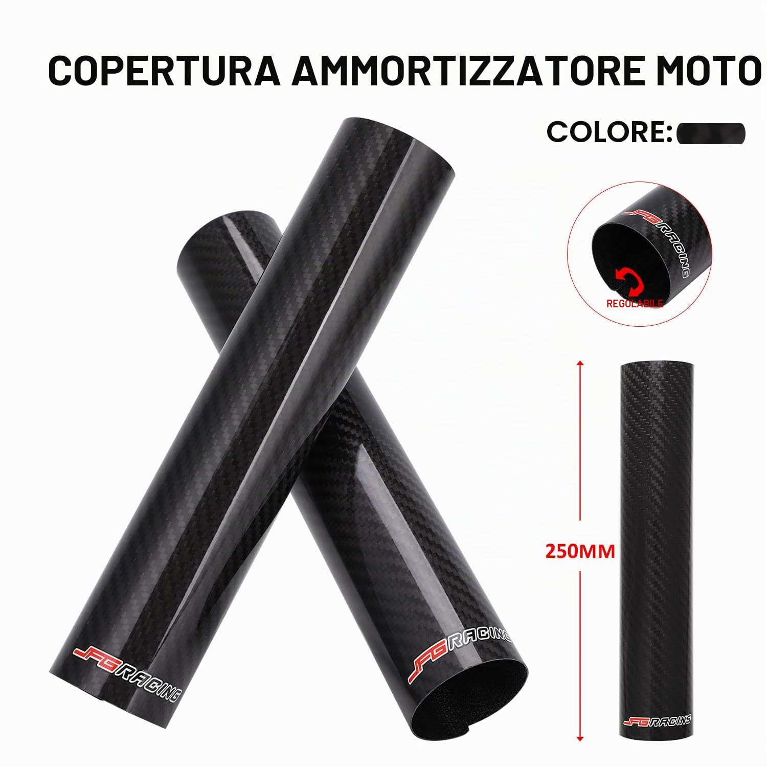JFG RACING 250 mm Protezione Forcella Anteriore Moto,Protezione Forcelle Fibra di Carbonio,Ammortizzatore Ghette Stivali Regolabili Universali per Dirt Bike On/off Road