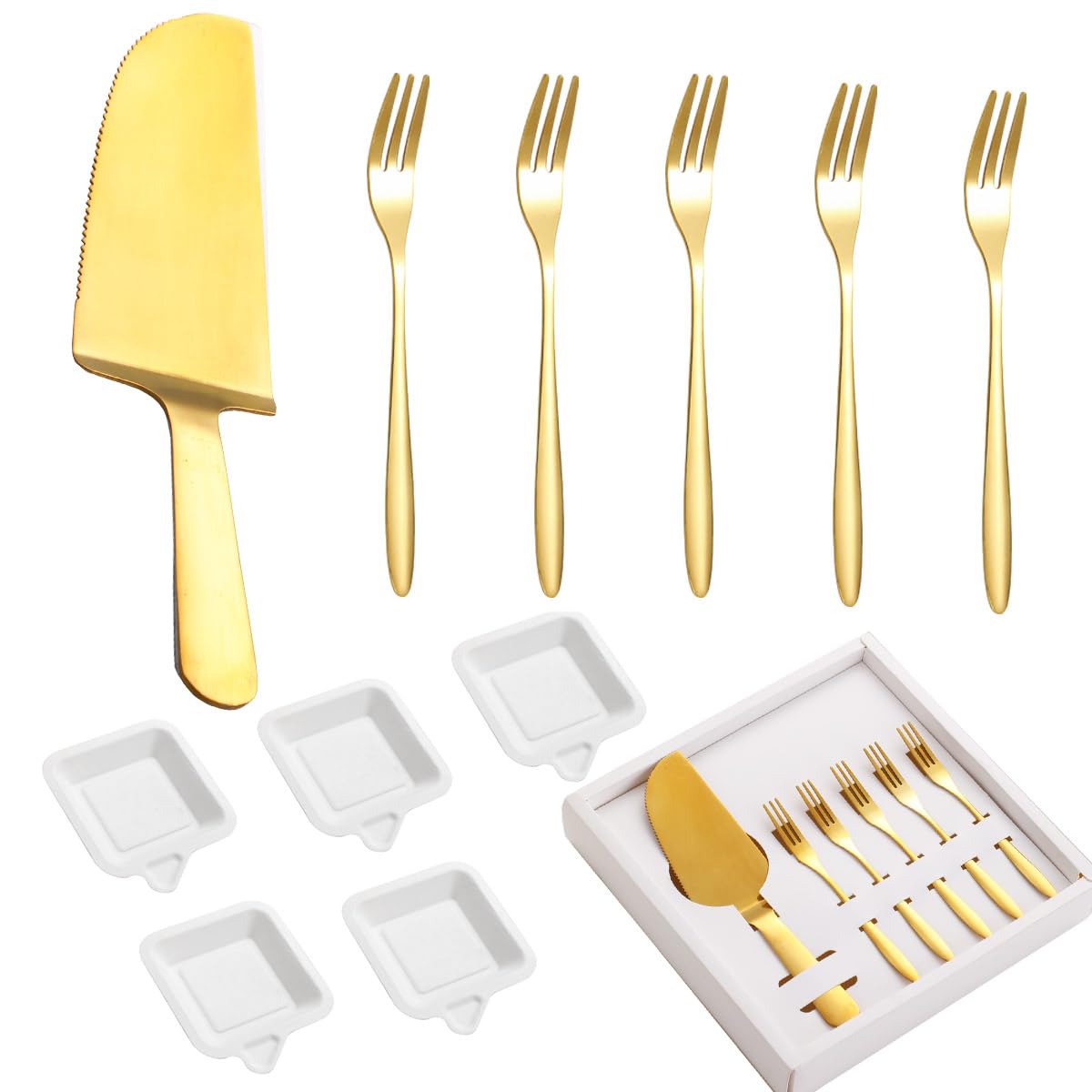 Gold Birthday Cake Server Set, Stainless Steel Cake Cutting Set For Wedding Include Cake Cutter and Mini Forks and Paper Plates For Wedding, Birthday, Parties and Events