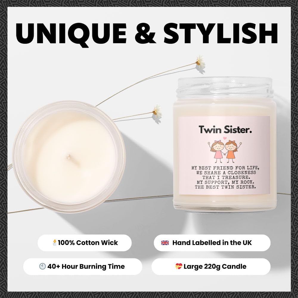 Twin Sister Gifts - Luxury Soy Wax Candle - Vanilla, Jasmine, Sugared Almond - Makester, White - Image 3