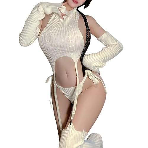 SNOMYRS Virgin Killer Sweater Japanese Sexy Cosplay Garter Lingerie Set Stockings Crop Top Panty Teddy Bodysuit For Women