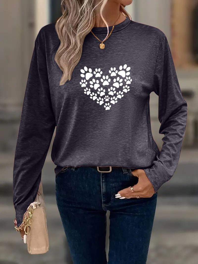 Women's Dog Mom Shirt Cat and Dog Paw Pattern O Neck Long Sleeve Gift Girls Heart Shaped T-Shirt - Image 3