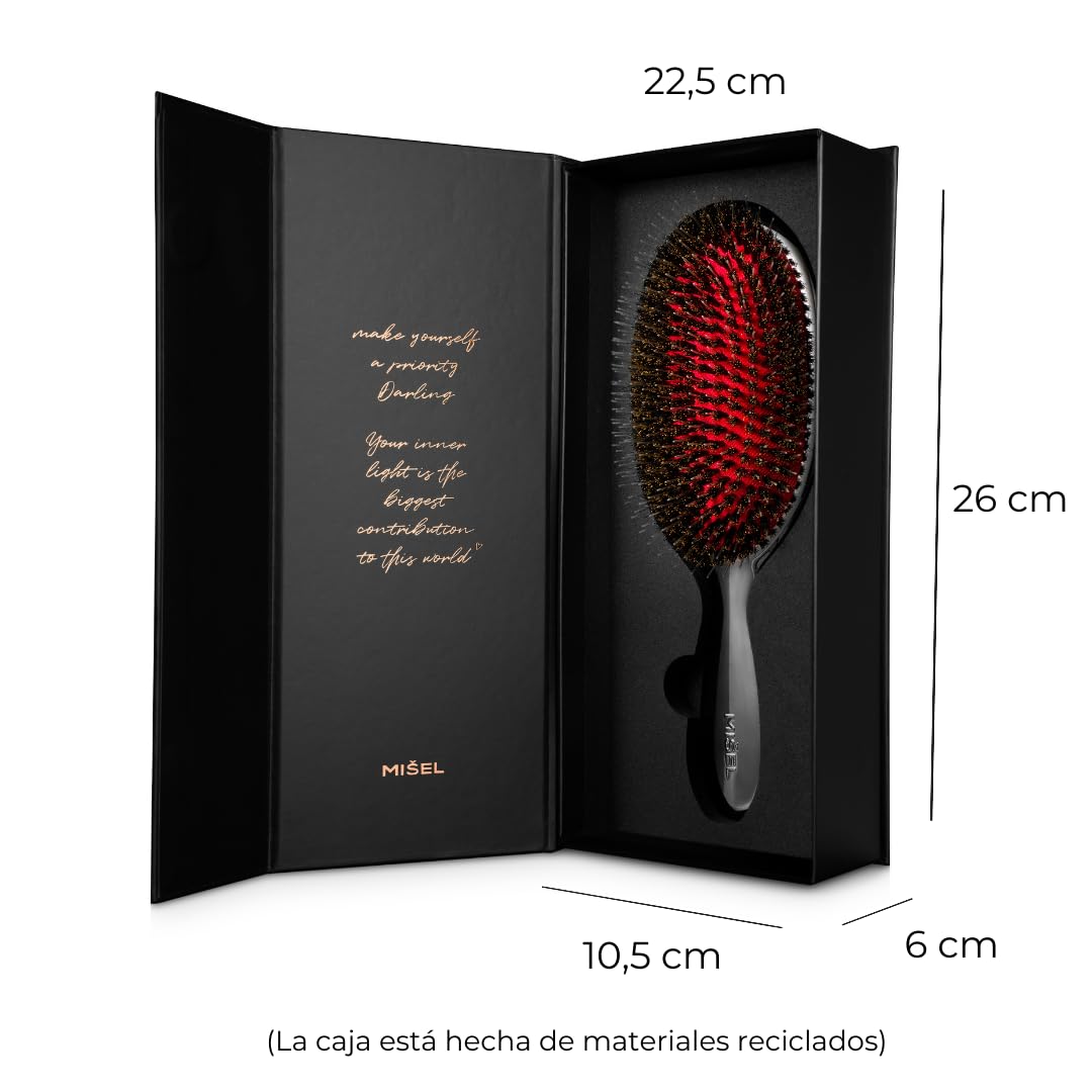 MISEL Cepillo Profesional de Cerdas de Jabalí para Mujeres y Hombres | Desenreda Todo Tipo de Cabello Natural y Extensiones | Reduce la Rotura | Aprobado por Salones | Grande