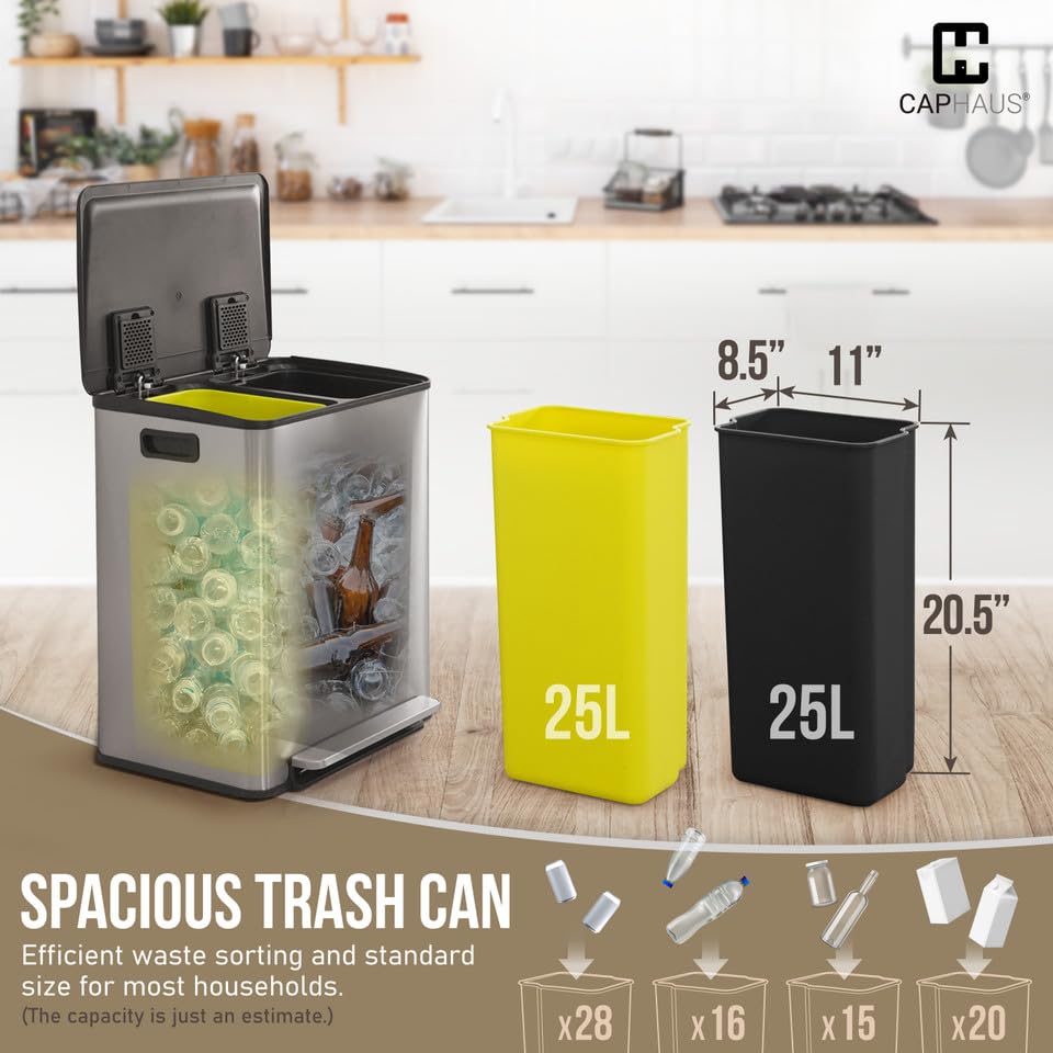 Miniatura 3 de CAPHAUS Bote de basura doble negro con una sola tapa, combo de contenedores de basura y reciclaje, cubo de basura de acero inoxidable manos libres