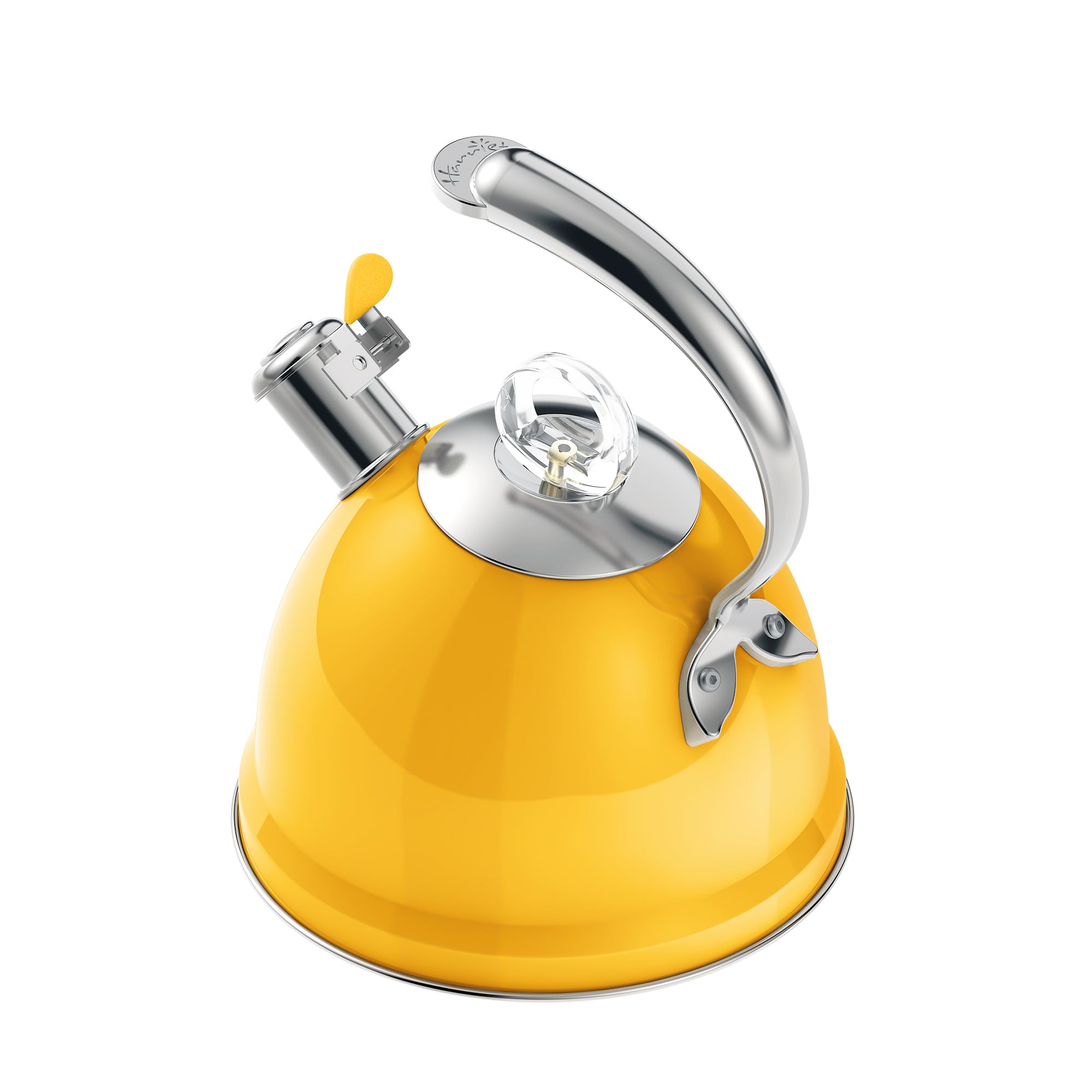 Harriet yellow stovetop whistling kettle with dolphin-shaped handle
