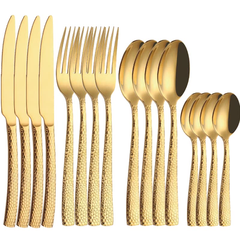 Ensemble de couverts en argenterie, 16 pièces, portables acier inoxydable, ensemble complet vaisselle salle à manger, ensembles gadgets cuisine, fourchettes dîner, couteaux, cuillères, dorées