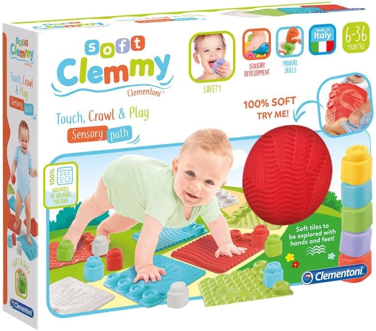 Clementoni- Soft Clemmy Touch, Crawl & Play Sensory Path: Safe & Fun Playmat for Crawling Babies & Toddlers, Develops Tactile Skills & Builds Imagination, 8 Maulticoloured Pieces (6+ Months)