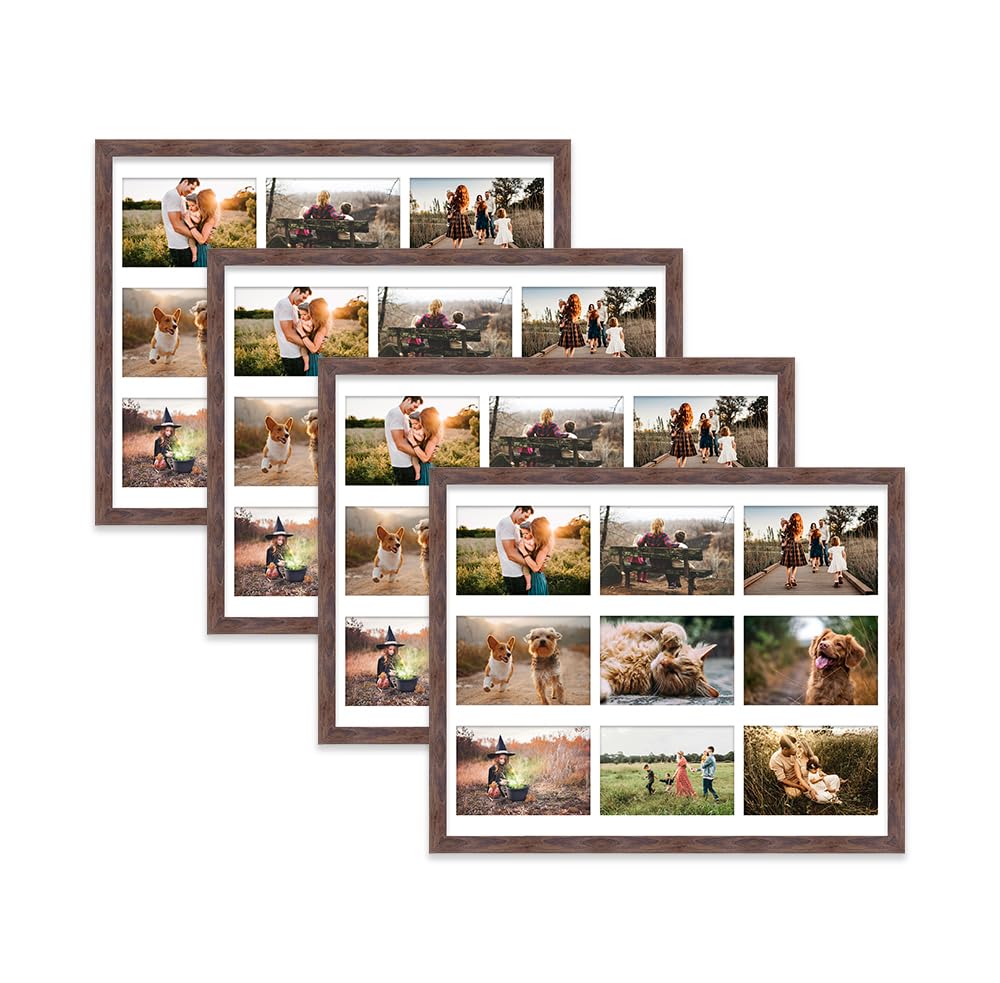 Walnut Multi Photo Frame - Holds 9 x 6x4 Pictures, Family Collage Picture Frame for Wall Display, 20x16 Frame size, Set of 4