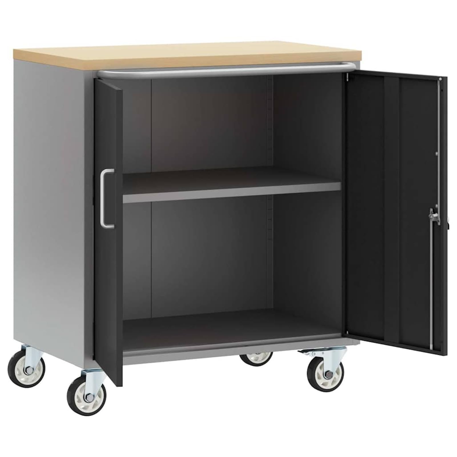 Homgoday Banco da Lavoro Industriale con Ruote 75x45x85 cm Nero/Grigio in Legno e Acciaio con 1 Serratura a camma e 1 ripiano carico Max 100 kg.