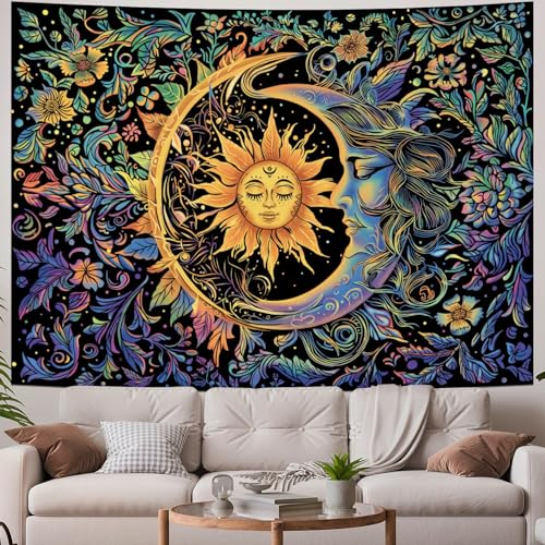 Image of MAKABEE Tarot Style Sun and Moon Tapestry Psychedelic Mystic Floral Tapestry Hippie Boho Flower Plants Wall Tapestry Vintage Aesthetic Tapestry Wall Hanging for Bedroom