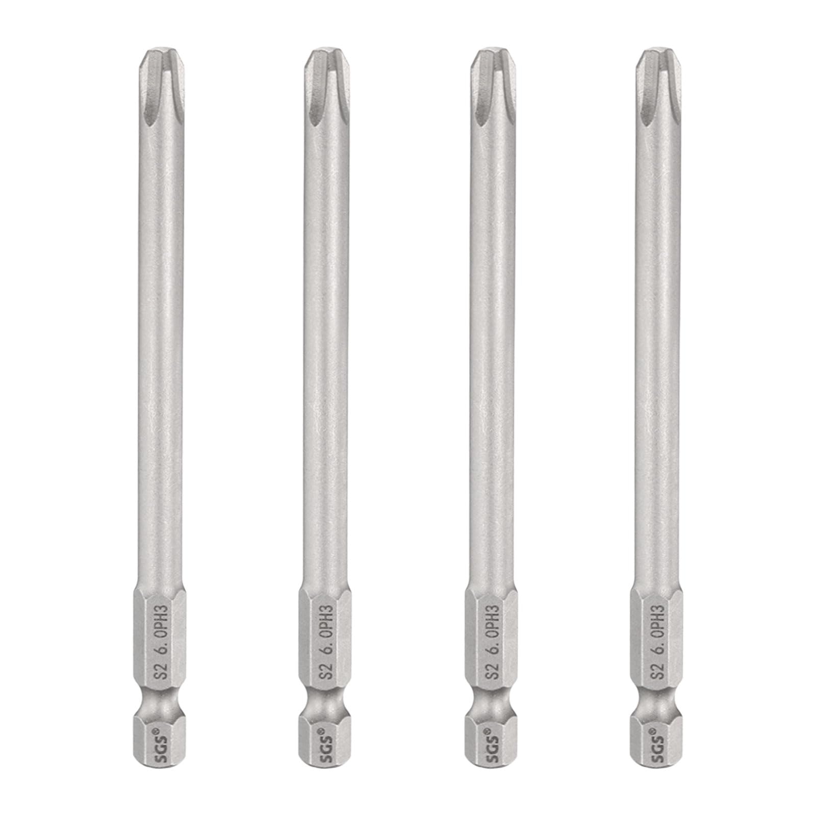 sourcing map 4pcs #3 Phillips Screwdriver Bit PH3 1/4" Hex Shank 4" (100mm) Long 6mm Rod Magnetic Cross Head Drill Bits S2 Steel Industrial Screw Driver Bit for Electric Power Tools, Gray