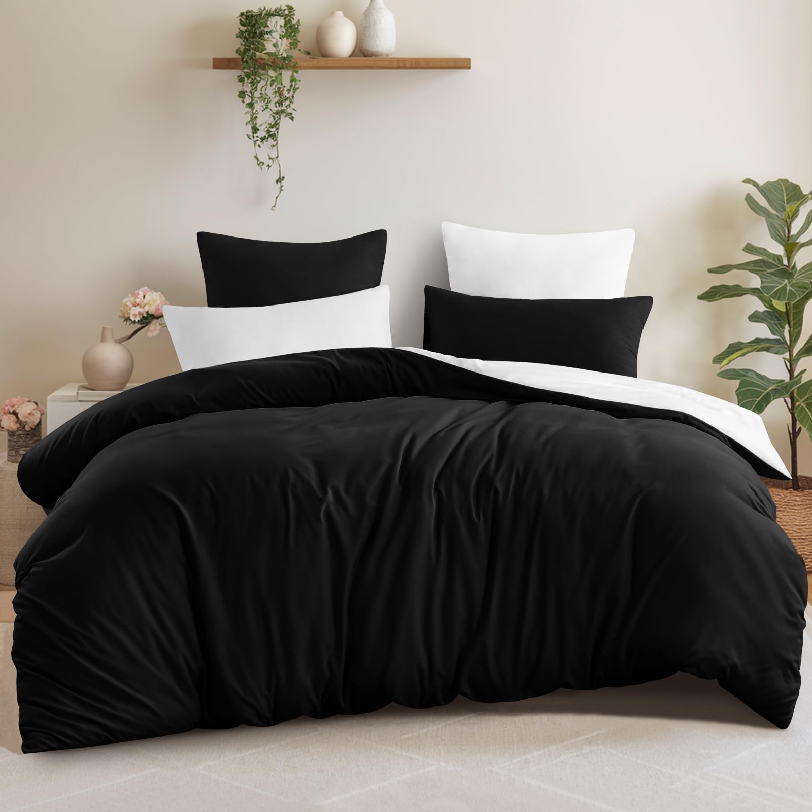 Aisbo Bettwäsche 200x220 3teilig Schwarz Weiß - Bettwäsche Sets 1 Bettbezug 200x220 cm + 2 Kissenbezüge 80x80 cm, ÖKO-TEX Wendebettwäsche Weich Mikrofaser mit Reißverschluss