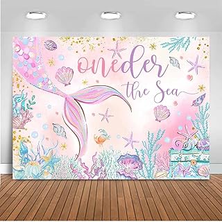 Mocsicka Oneder The Sea 1st Birthday Backdrop 7x5ft Pink Mermaid Under The Sea Happy First Birthday Party Decorations for Girls Starfish Shell Seaweed Photography Background