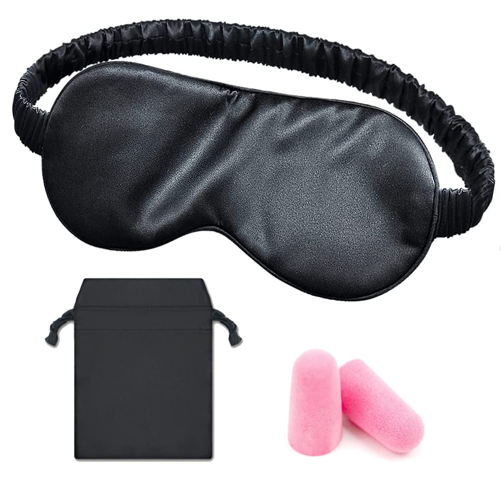 Afocuz Sleep Eye Mask with Elastic Strap Headband, Lightweight Comfortable Soft Silk Like for Unisex,with Bag and Ear Plugs (Black)