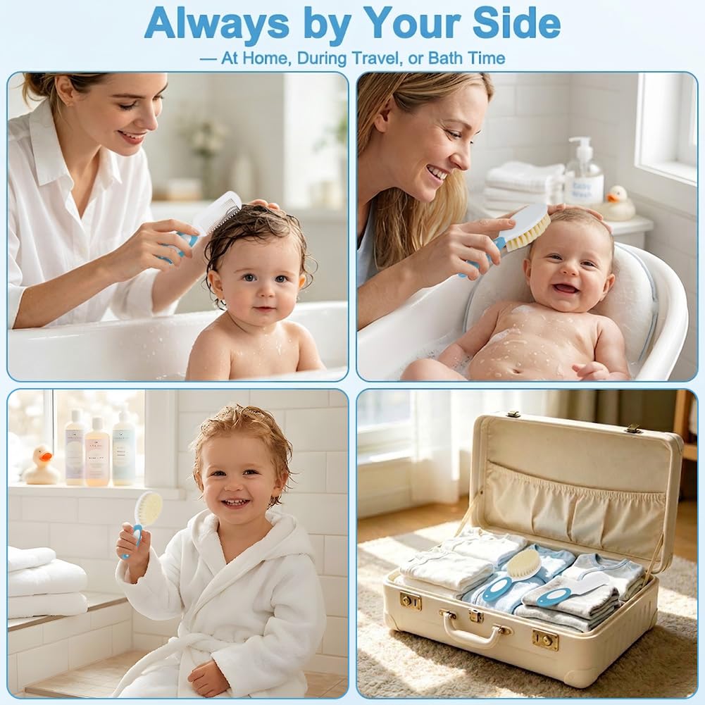 3PCS Ensemble Brosse à Cheveux et Peigne pour Bébé, Brosse à Cheveux avec Poils Naturels Doux, Manche Antidérapant, Cadeau de Fête Prénatale, Ensemble de Soin des Cheveuxs, B
