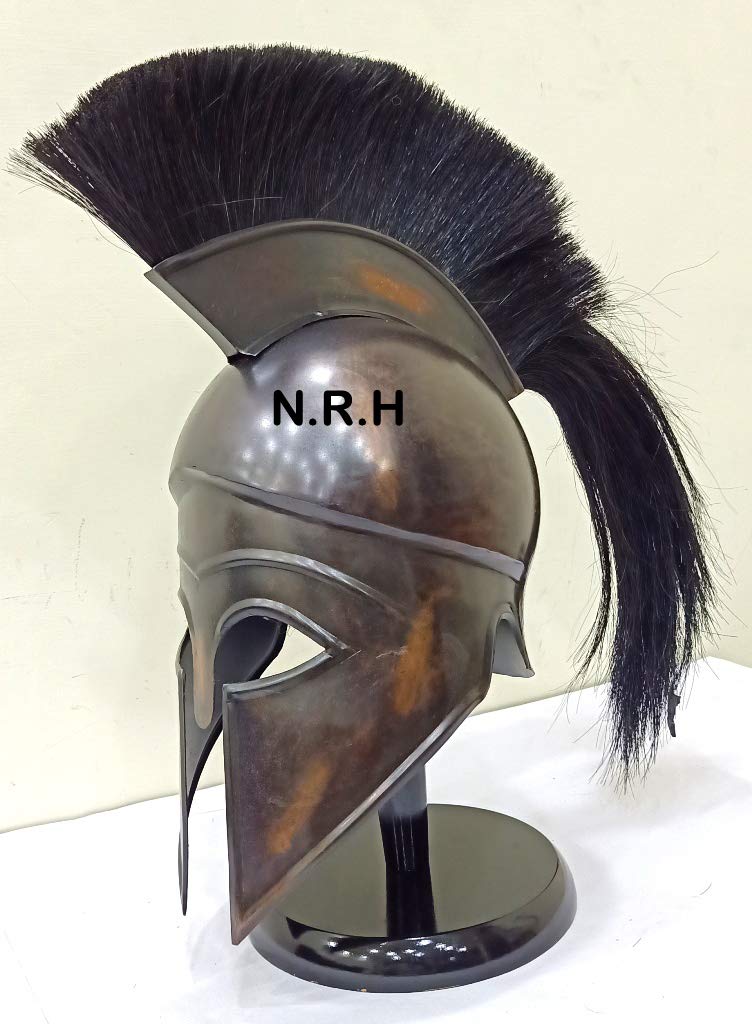 Nautical Replica Hub Medieval Greek Corinthian Halloween Helmet Armor Knight Spartan Wooden Stand Helmet with Black Plume