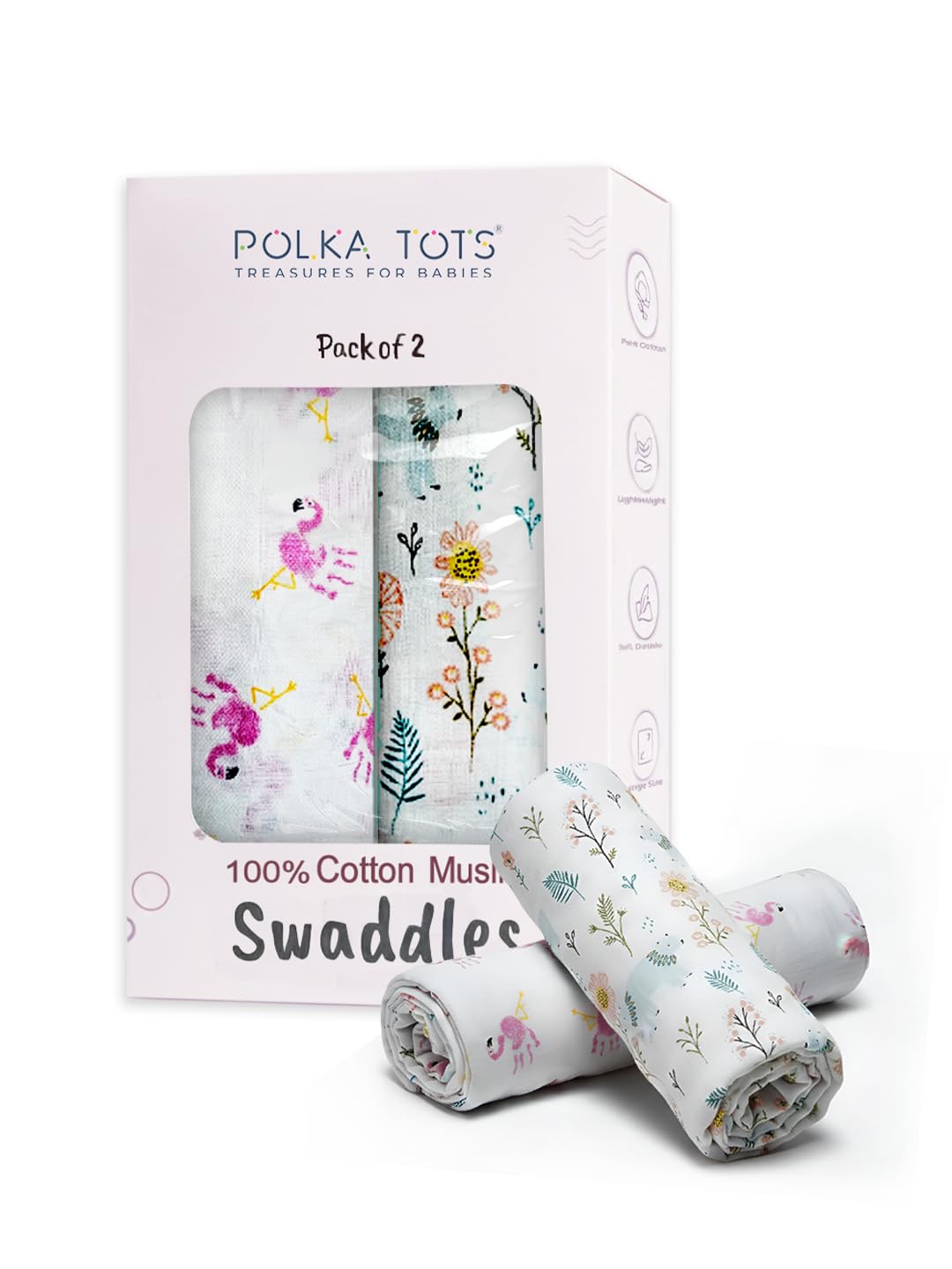 POLKA TOTS Muslin Cotton Swaddles - White - Flamingo Fingers & Bloomy Bear - Pack of 2 Swaddles-image-39