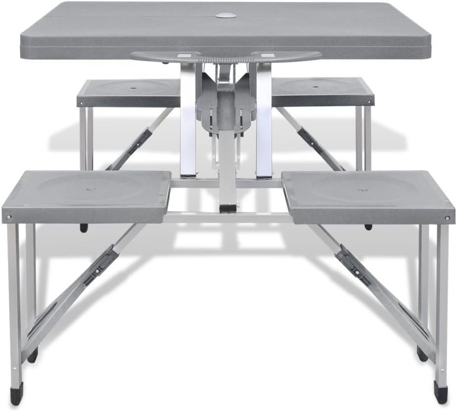 vidaXL Foldable Camping Table with 4 Stools, Portable Dining Table with Carry Handle, Outdoor Dining Set for Patio Garden, Aluminium Gray