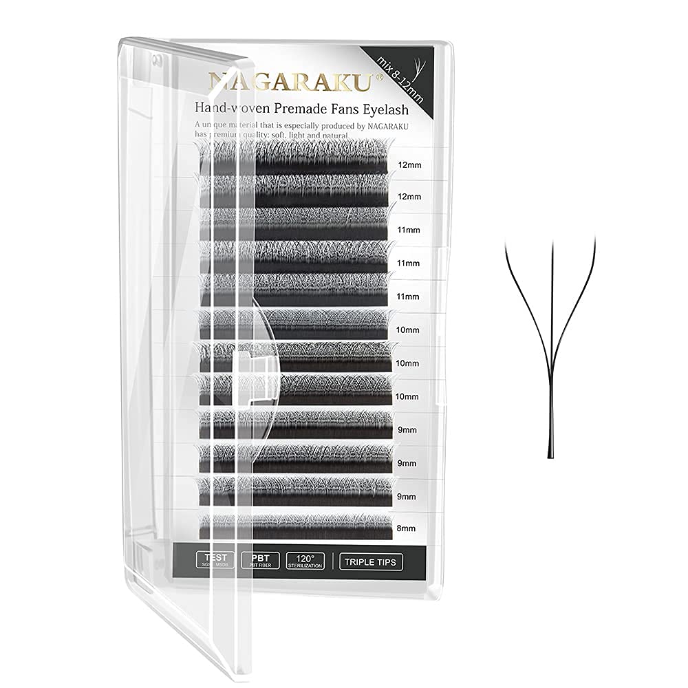 NAGARAKU W Eyelash Extension 0.07mm / Curl-D 3D Volume Matte Black Premade Cluster Fans pre Fanned yy Eye Lashes (0.07mm / Curl - D / Mix 8-12mm)