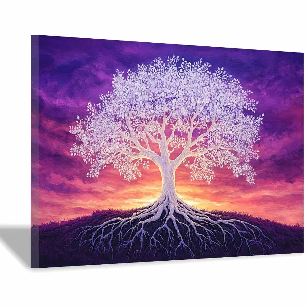 ZAMAEIU Tree of Life Painting Abstract Twilight-Shadow Tree Panoramic Canvas Prints Pictures for Living Room Bedroom Home Office Wall Decoration(white)-60x90cm Framed