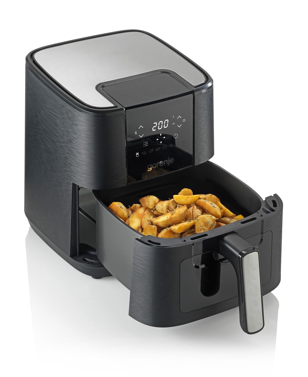 Gorenje AF1350DWB Heißluftfritteuse / 1.350 Watt/Korb 5,4 Liter mit Sichtfenst / 8 Automatik Programme/Antihaft-Beschichtung/LED Anzeige/B x H x T: 28 × 35,3 × 32,1 cm/Schwarz