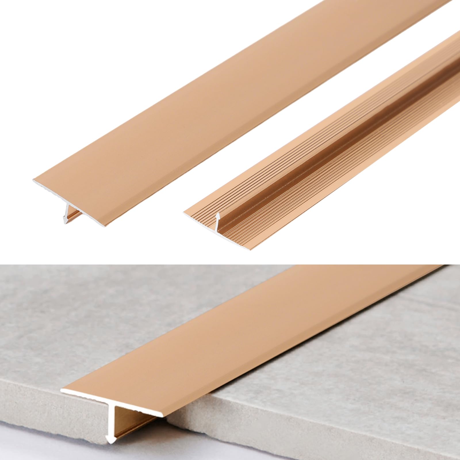 Moldura en T de Aluminio y Tiras de Transición para Suelo 3 piezas Perfil en T de Metal 0,9 m × 2 cm Tira Divisora para Umbral de Puerta y Huecos de Suelo de Tarimas (Oro)