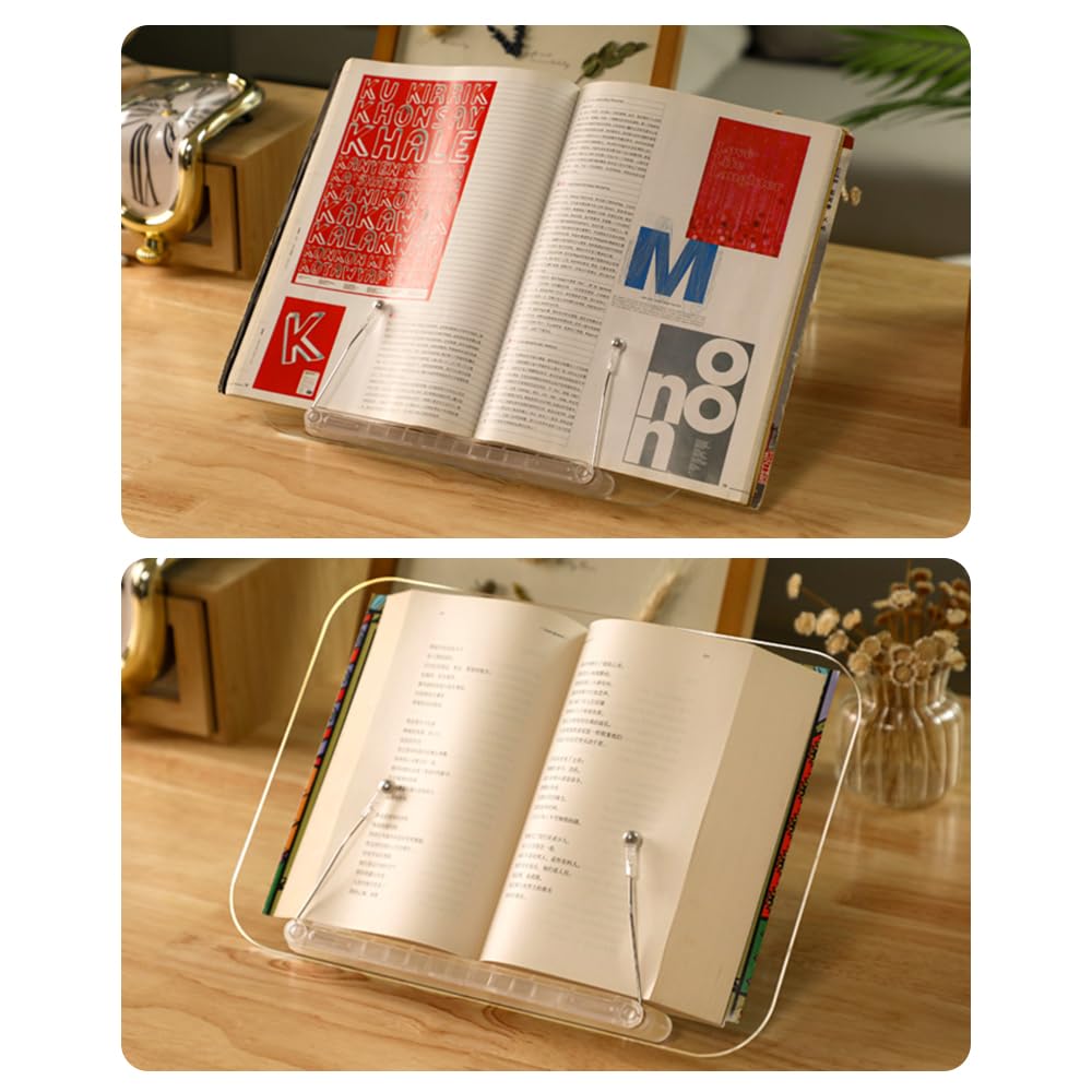 Supporto da tavolo per libri in acrilico, leggero, trasparente, pieghevole, con angolo a 13 marce, regolabile, facile da trasportare, per cucinare libri di testo, ricette, riviste, documenti, libri di