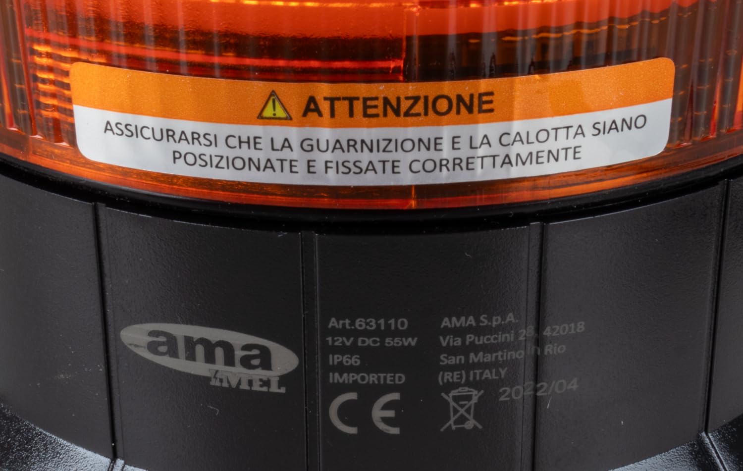 Ama Lampeggiante Alogeno per Trattori con Base Piana – 12 V, 55 W, Luce Rotazionale Arancione, Certificazioni ECE-R10 e ECE-R65, Grado di Protezione IP67