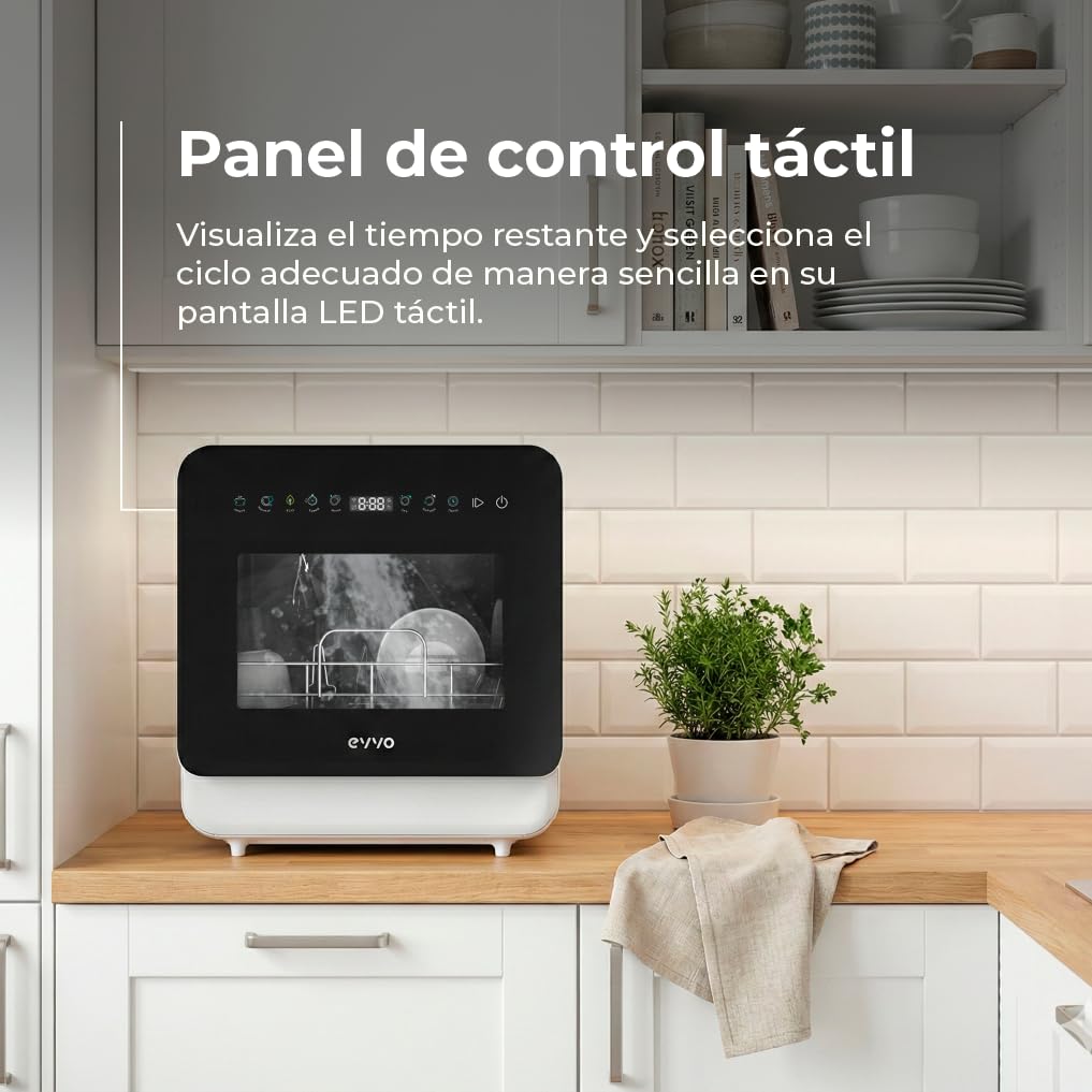 Lavavajillas EVVO Mini D Trip 3 – Lavavajillas Compacto Sobremesa, 3 Servicios, Clase Energética C, 6 Programas, Secado Extra Air Fresh, Panel LED Táctil, Inicio Diferido, Sin Instalación