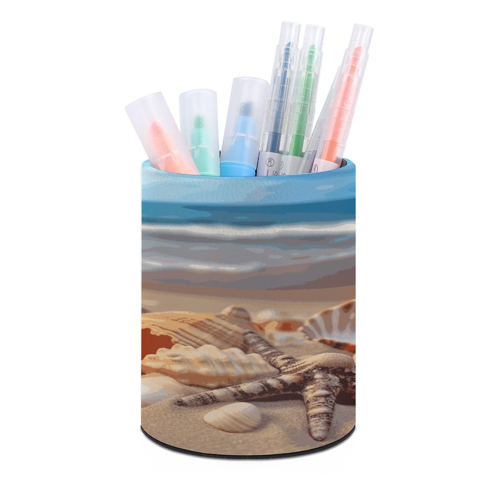 LDGSUPH Seashells on The Sandy Beach Round Pen Holder Leather Pen Cup Pencil Cup Pen Organizer Pencil Holder for Desk Organizer Pencil Organizers Makeup Brush Holders for Home Office Gift