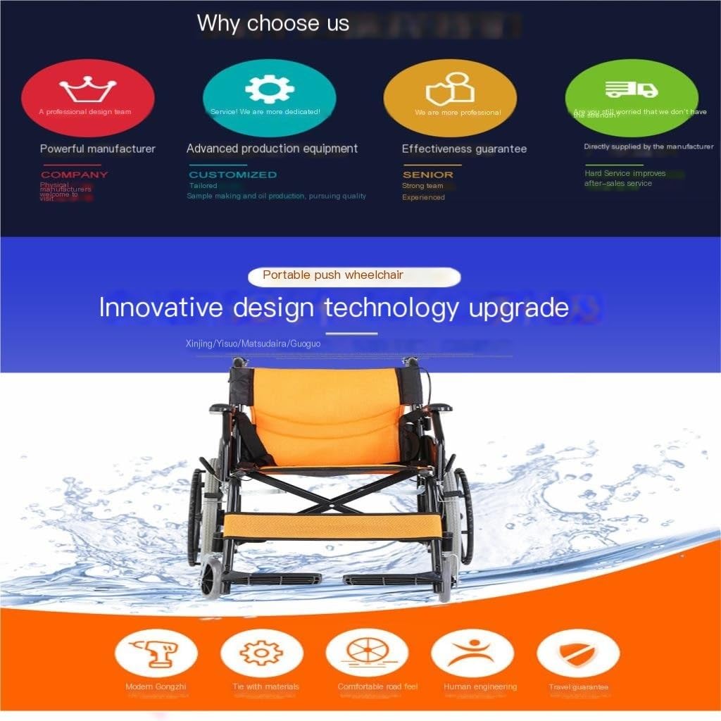 Silla de Ruedas de Movilidad para Ancianos Silla de Ruedas Plegable Manual para Ancianos Silla de Ruedas Pequeña Y Ultraligera Portátil para el Hogar/Yellow/a