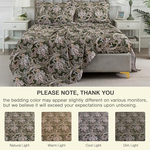 Image of Vintage Paisley Floral Green Percale Sheets, King Size 100% Cotton Extra Deep Pocket Boho Toile Bed Sheets, Soft Crisp Flower Patterned Farmhouse Sheet Set, Shabby Chic Luxury Bedding, 4Pcs