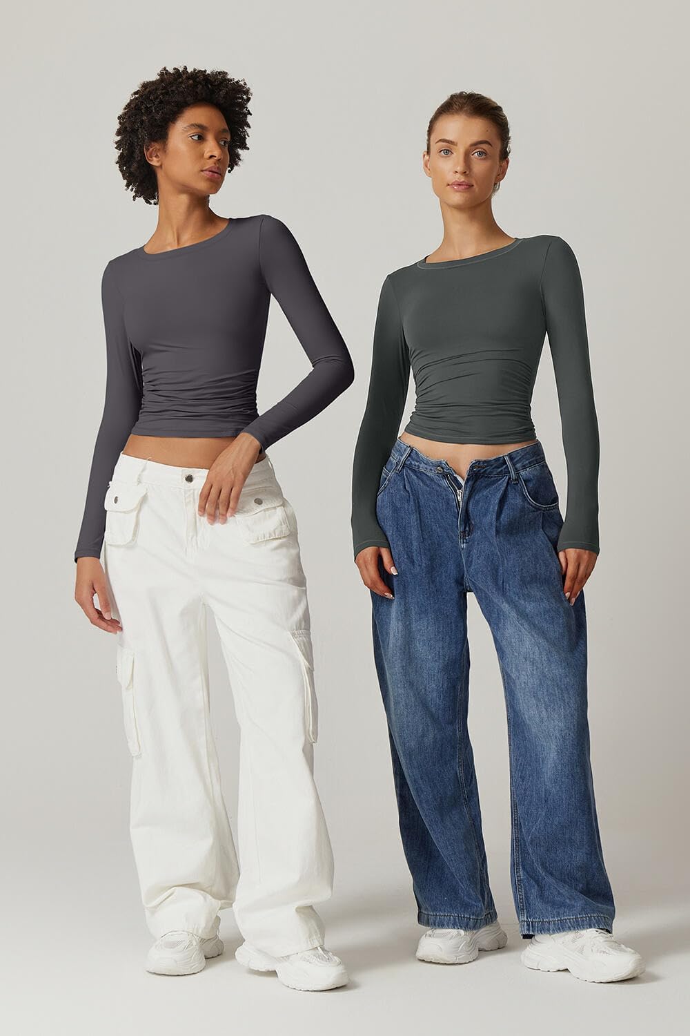 QINSEN Womens Crewneck Long Sleeve Shirt Double Lined Basic Tees Side Ruched Going Out Crop Tops - Image 7