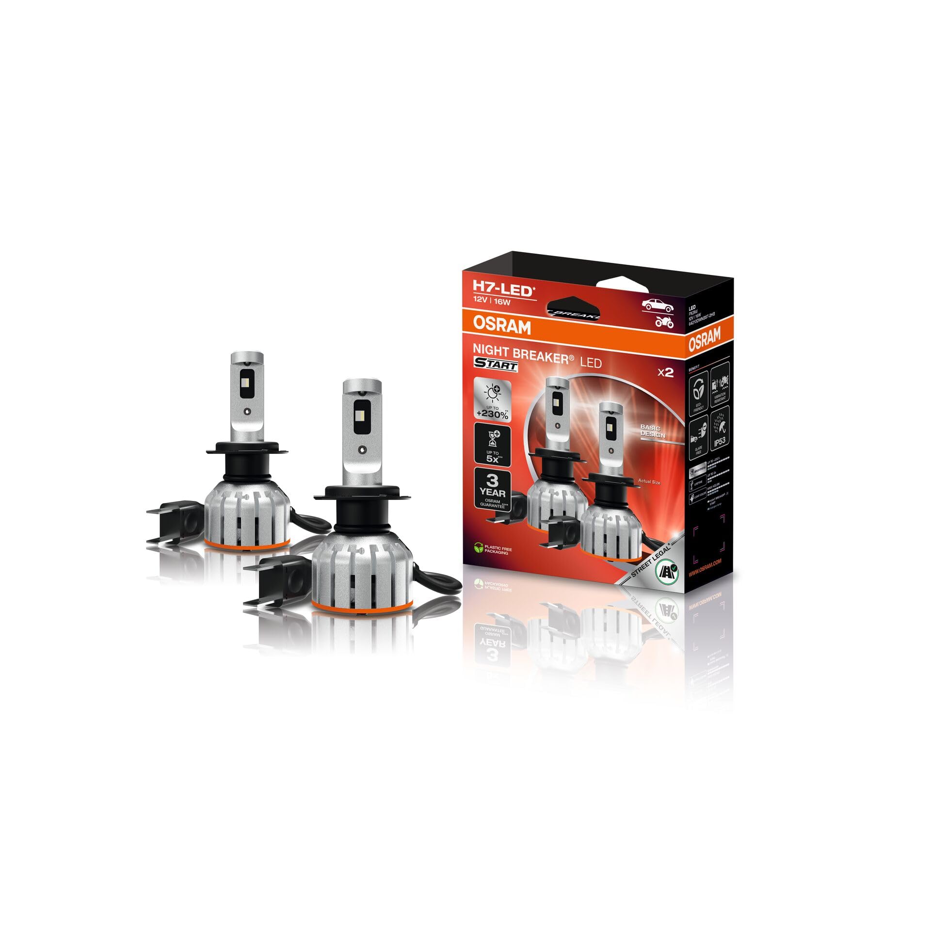 OSRAM NIGHT BREAKER LED START H7, abbaglianti e anabbaglianti a LED con omologazione stradale, fino al 230% di luminosità in più, 6000 K, 12 V