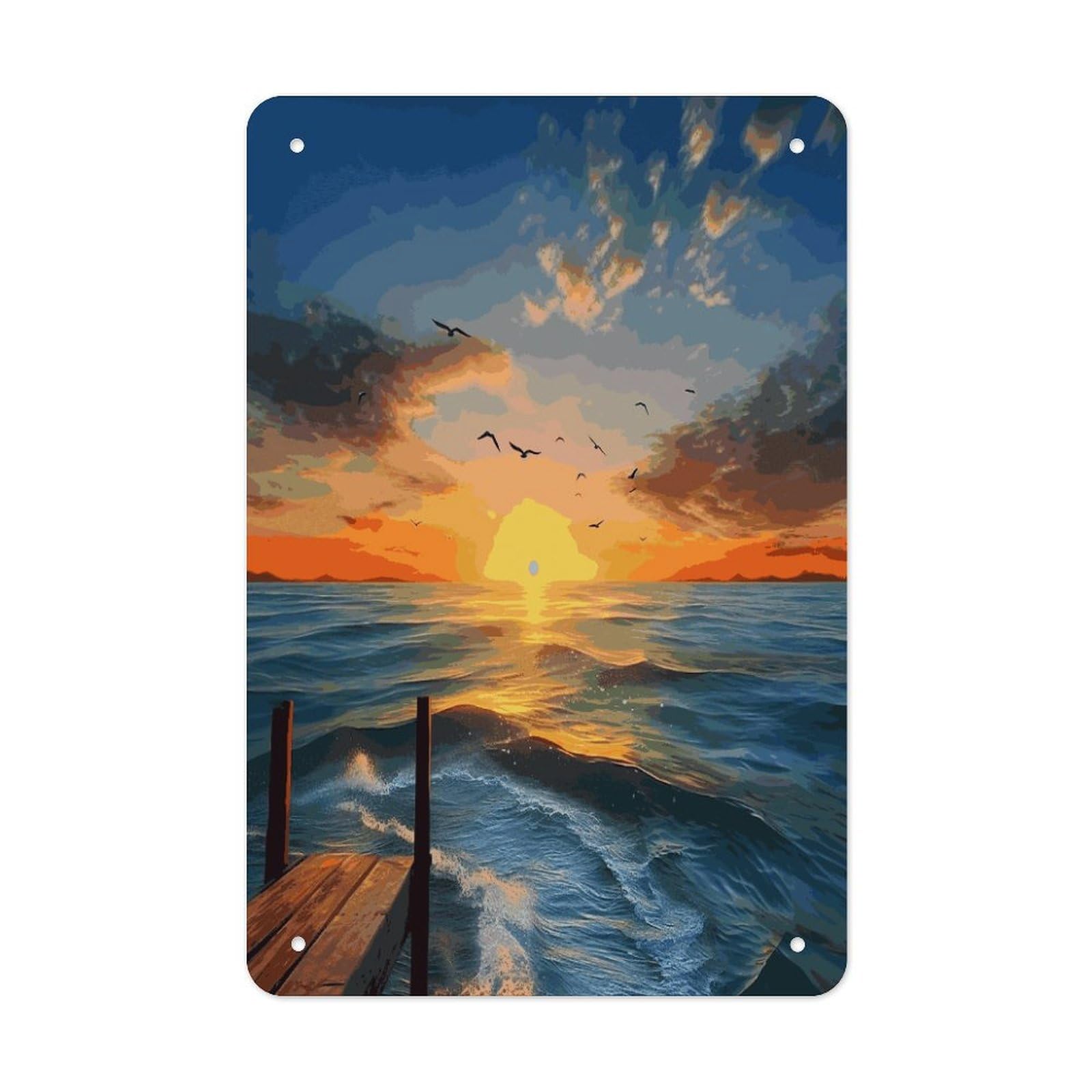 LDGSUPH Sunset Sea Wall Art Prints Folded Edge Iron Sheet Painting with Holes for Wall Prints Decorative Picture Metal Signboard Decor Painting for Outdoor Indoor Wall Decor